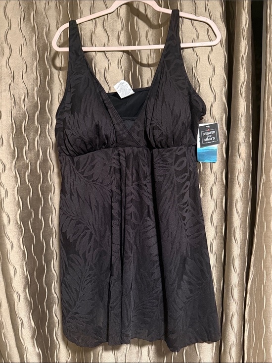 Swim Solutions Other - Swim Solutions Black Textured Leaf-Print Tankini Dress 20W